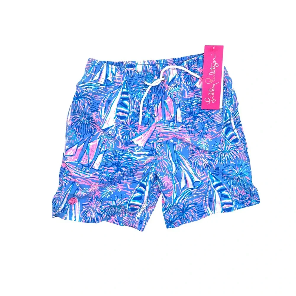 Lilly Pulitzer Boys Junior Capri Trunks Its A Sailabration Boca‎ Blue Swim S NEW